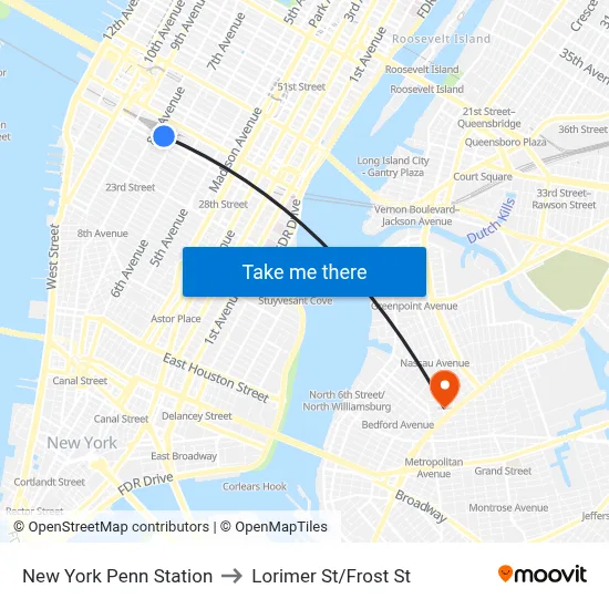New York Penn Station to Lorimer St/Frost St map