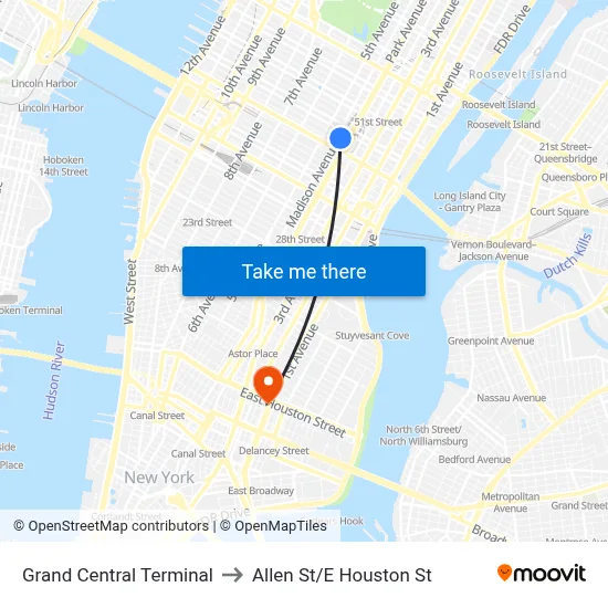 Grand Central Terminal to Allen St/E Houston St map