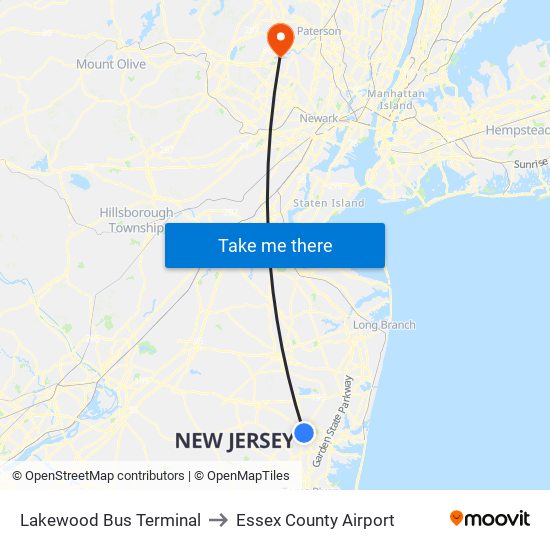 Lakewood Bus Terminal to Essex County Airport map