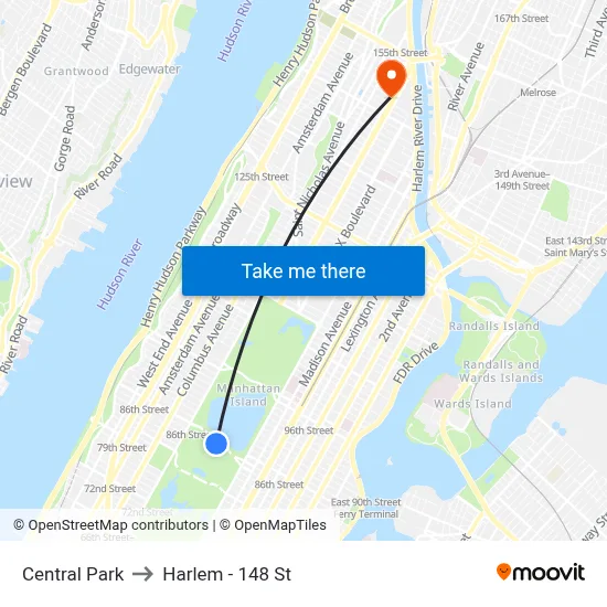 Central Park to Harlem - 148 St map