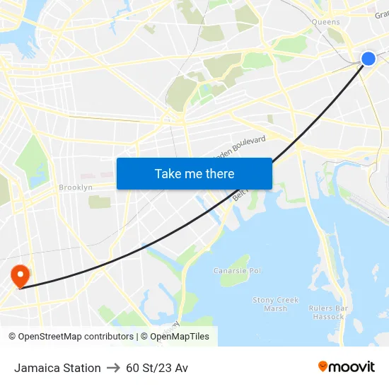 Jamaica Station to 60 St/23 Av map