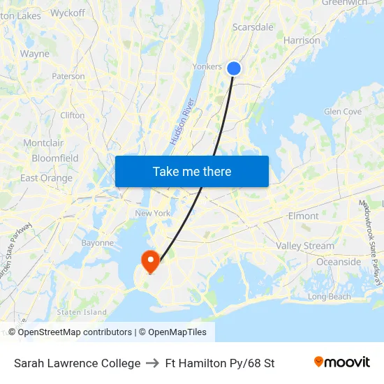 Sarah Lawrence College to Ft Hamilton Py/68 St map