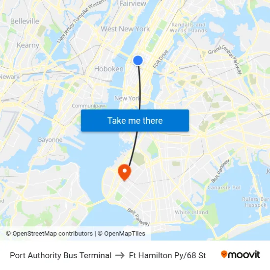 Port Authority Bus Terminal to Ft Hamilton Py/68 St map