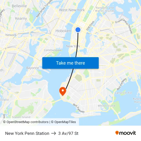 New York Penn Station to 3 Av/97 St map
