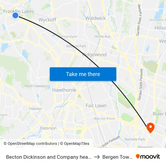 Becton Dickinson and Company headquarters to Bergen Town Ctr map
