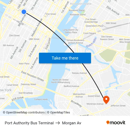 Port Authority Bus Terminal to Morgan Av map