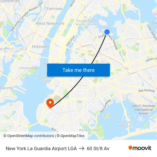 New York La Guardia Airport LGA to 60 St/8 Av map