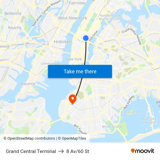 Grand Central Terminal to 8 Av/60 St map