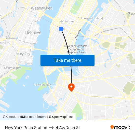 New York Penn Station to 4 Av/Dean St map