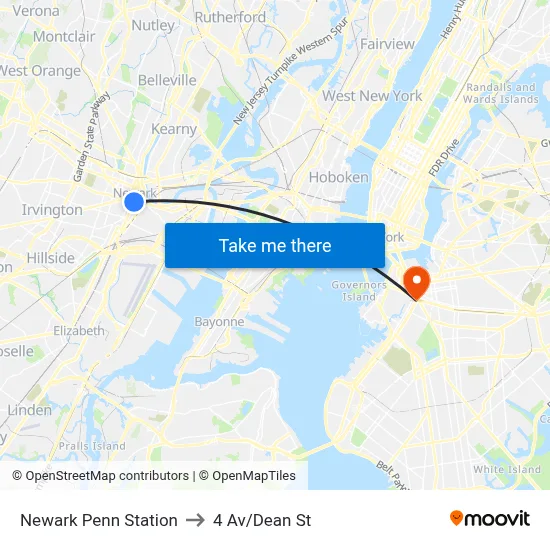 Newark Penn Station to 4 Av/Dean St map