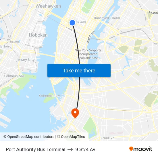 Port Authority Bus Terminal to 9 St/4 Av map