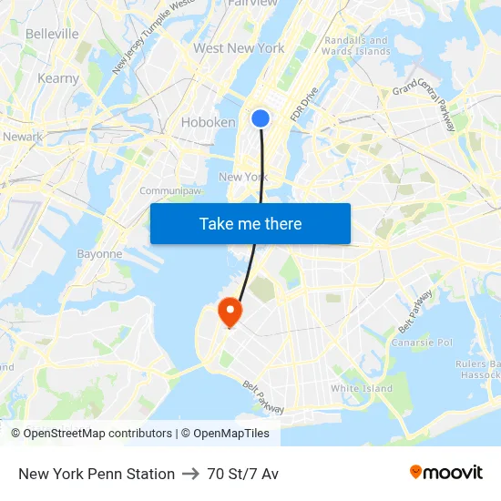 New York Penn Station to 70 St/7 Av map