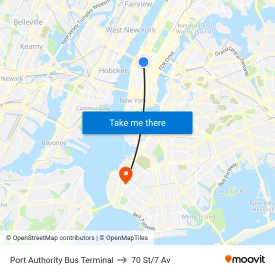 Port Authority Bus Terminal to 70 St/7 Av map