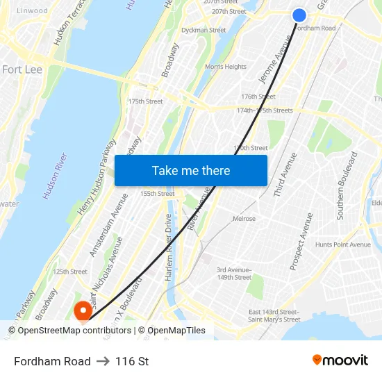 Fordham Road to 116 St map