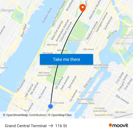 Grand Central Terminal to 116 St map