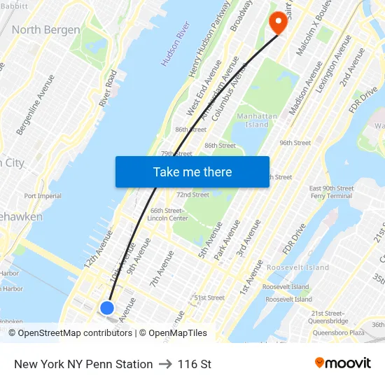 New York NY Penn Station to 116 St map