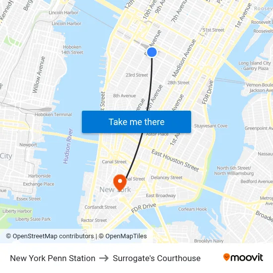 New York Penn Station to Surrogate's Courthouse map