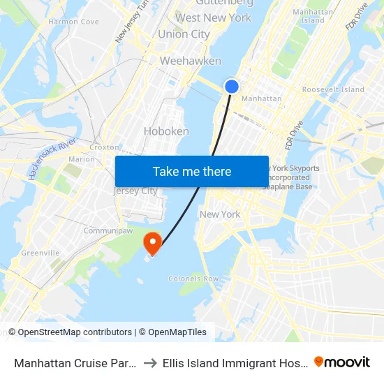 Manhattan Cruise Parking to Ellis Island Immigrant Hospital map