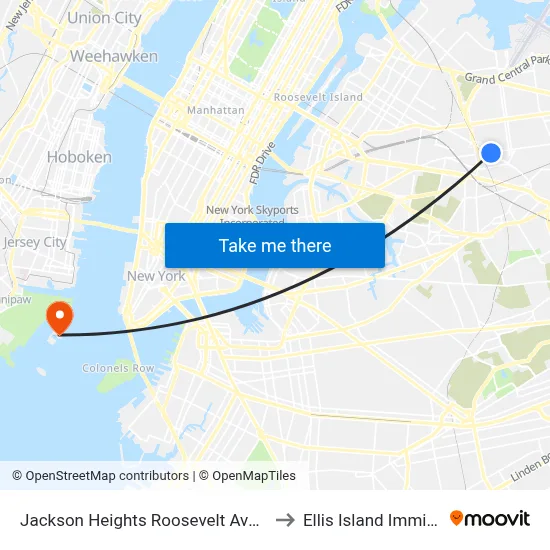 Jackson Heights Roosevelt Avenue 74th Street Station to Ellis Island Immigrant Hospital map