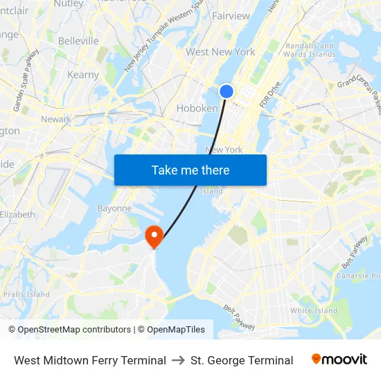 West Midtown Ferry Terminal to St. George Terminal map