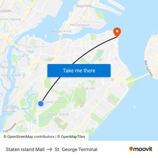 Staten Island Mall to St. George Terminal map