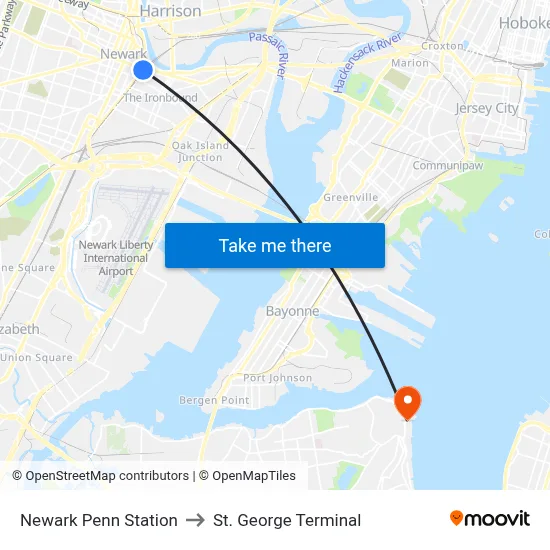 Newark Penn Station to St. George Terminal map