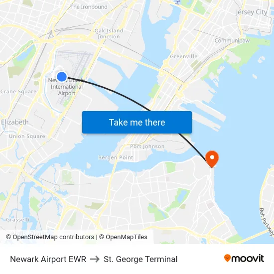 Newark Airport EWR to St. George Terminal map