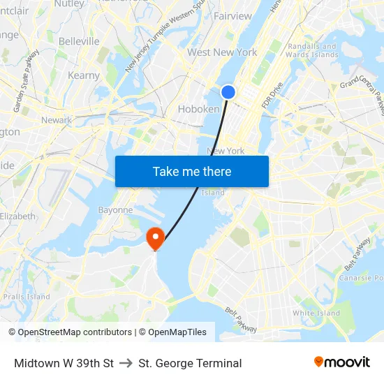 Midtown W 39th St to St. George Terminal map