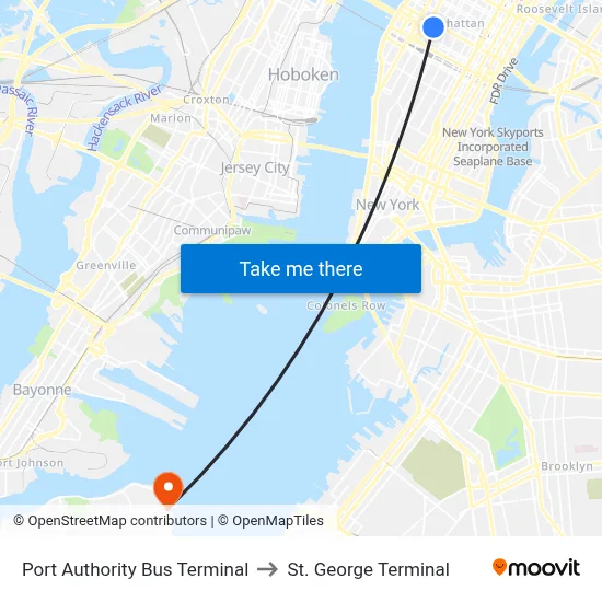 Port Authority Bus Terminal to St. George Terminal map