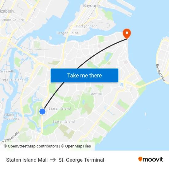 Staten Island Mall to St. George Terminal map