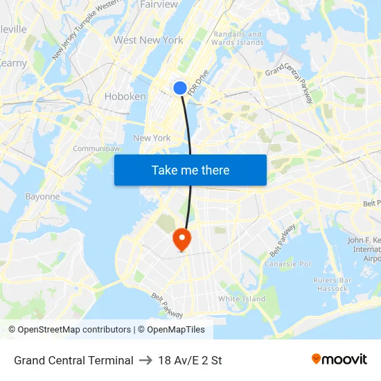 Grand Central Terminal to 18 Av/E 2 St map