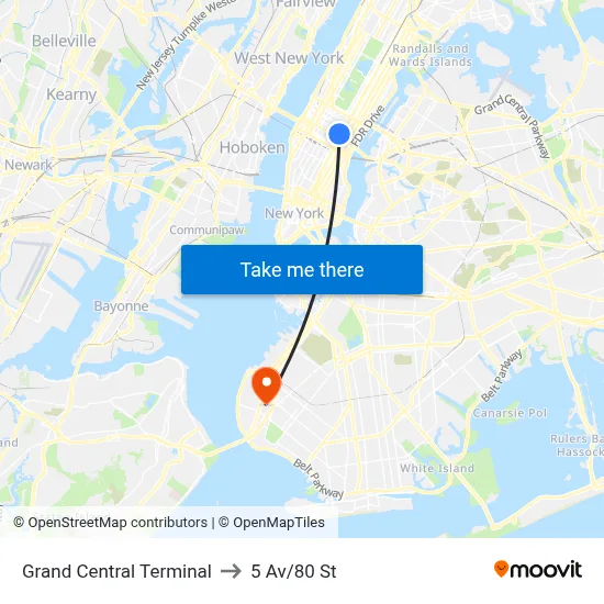 Grand Central Terminal to 5 Av/80 St map