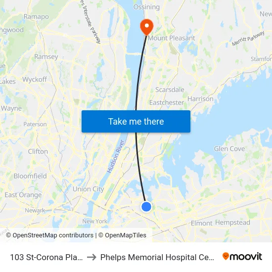 103 St-Corona Plaza to Phelps Memorial Hospital Center map