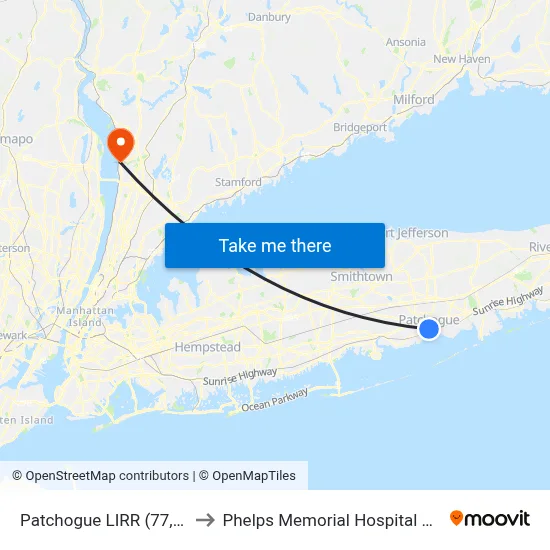 Patchogue LIRR (77, 77y) to Phelps Memorial Hospital Center map