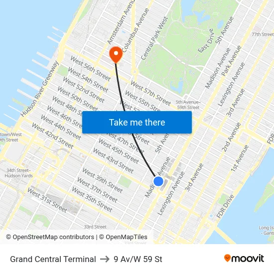 Grand Central Terminal to 9 Av/W 59 St map