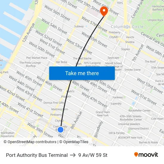 Port Authority Bus Terminal to 9 Av/W 59 St map