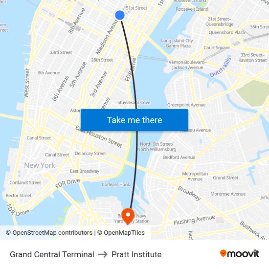 Grand Central Terminal to Pratt Institute map