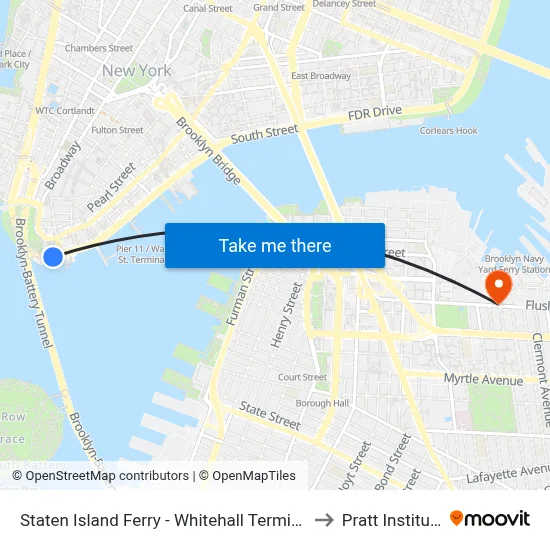 Staten Island Ferry - Whitehall Terminal to Pratt Institute map