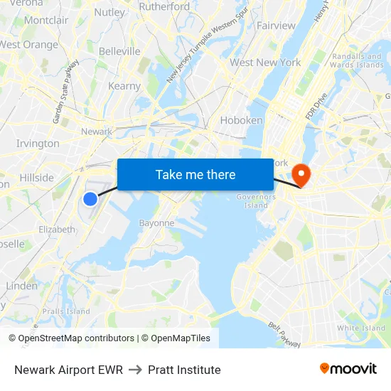 Newark Airport EWR to Pratt Institute map