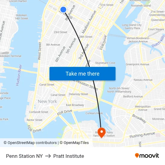 Penn Station NY to Pratt Institute map