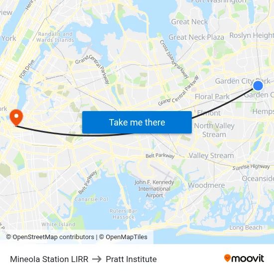 Mineola Station LIRR to Pratt Institute map