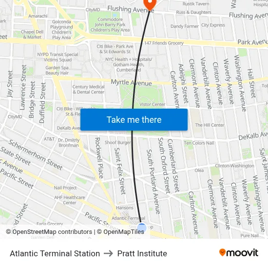 Atlantic Terminal Station to Pratt Institute map