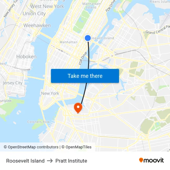 Roosevelt Island to Pratt Institute map