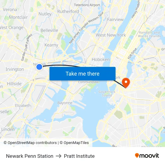 Newark Penn Station to Pratt Institute map