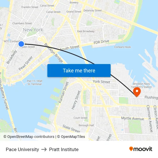 Pace University to Pratt Institute map