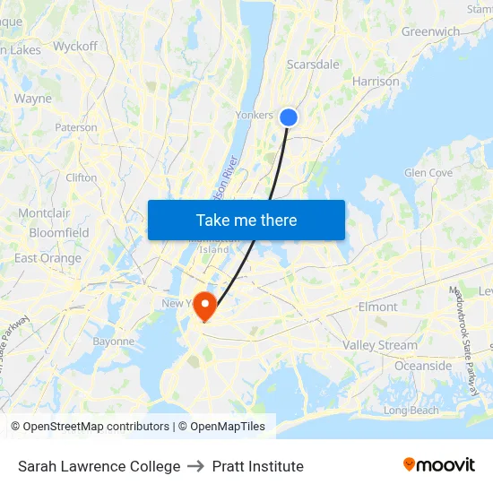 Sarah Lawrence College to Pratt Institute map