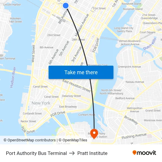 Port Authority Bus Terminal to Pratt Institute map