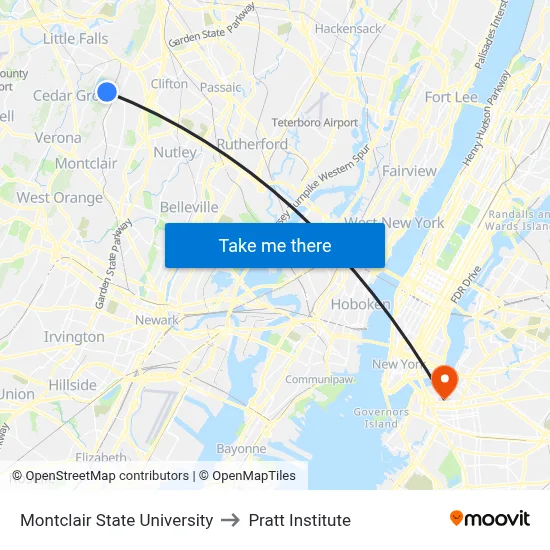 Montclair State University to Pratt Institute map