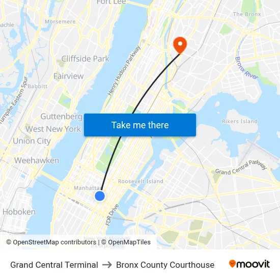 Grand Central Terminal to Bronx County Courthouse map
