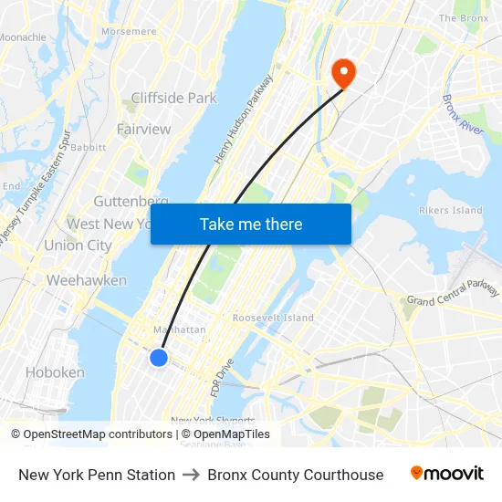 New York Penn Station to Bronx County Courthouse map